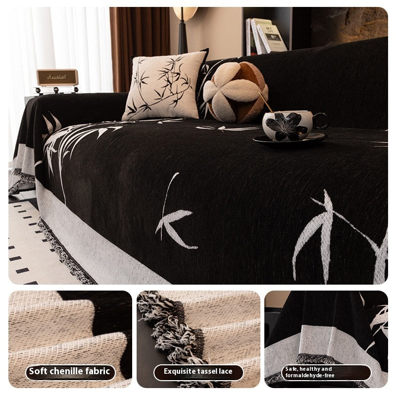 HKM-462995 Modern Chenille Sofa Cover with Plant and Flower Pattern in Gray and Black