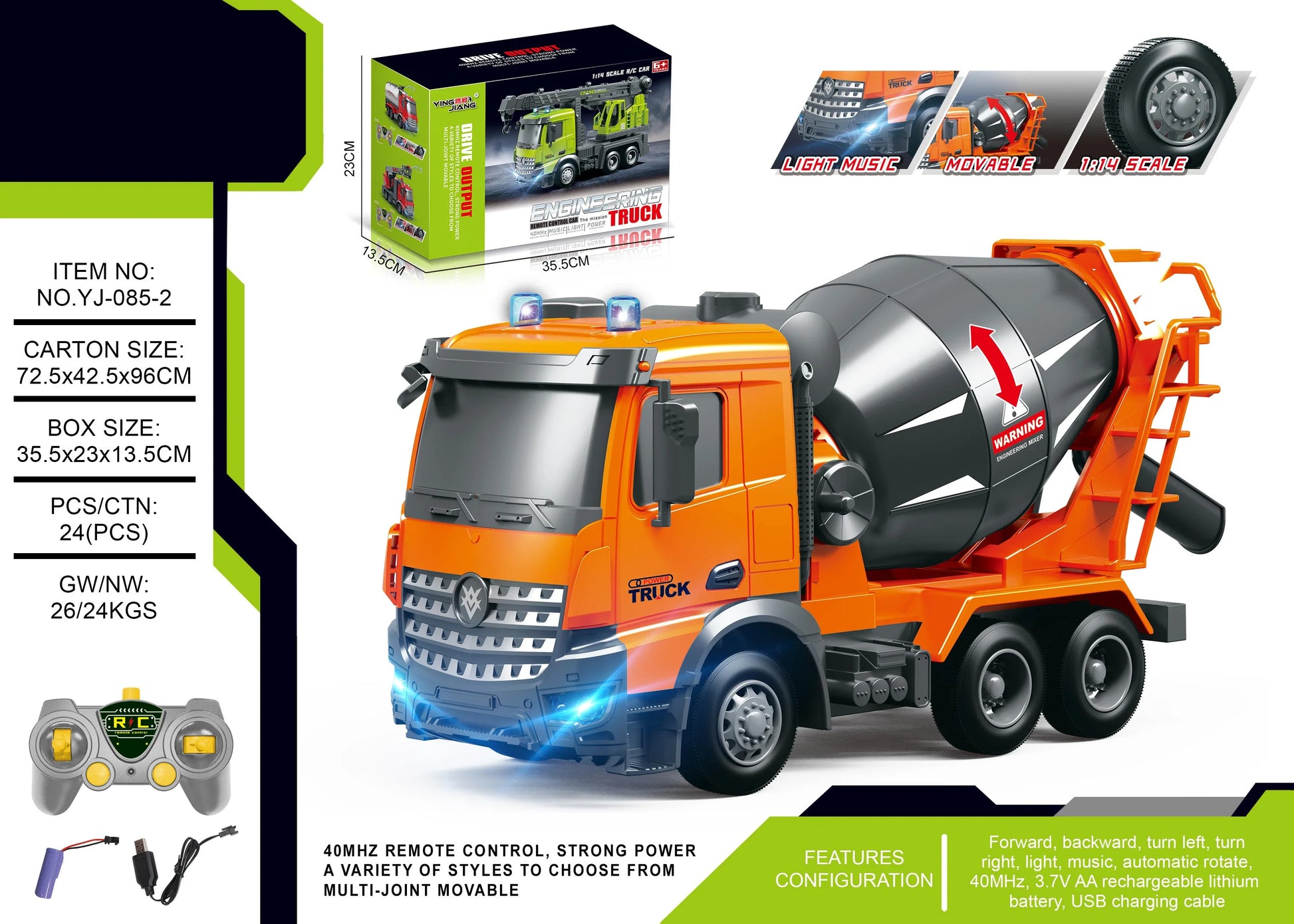 HKM-463571 RC Mixer Truck with Light & Music - Remote Control Stunt Vehicle for Kids (Ages 5-14)