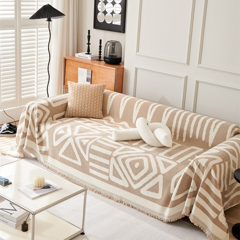 HKM-464211 Bohemian Geometric Pattern Polyester Sofa Cover Towel – Dustproof & Universal Fit for All Seasons