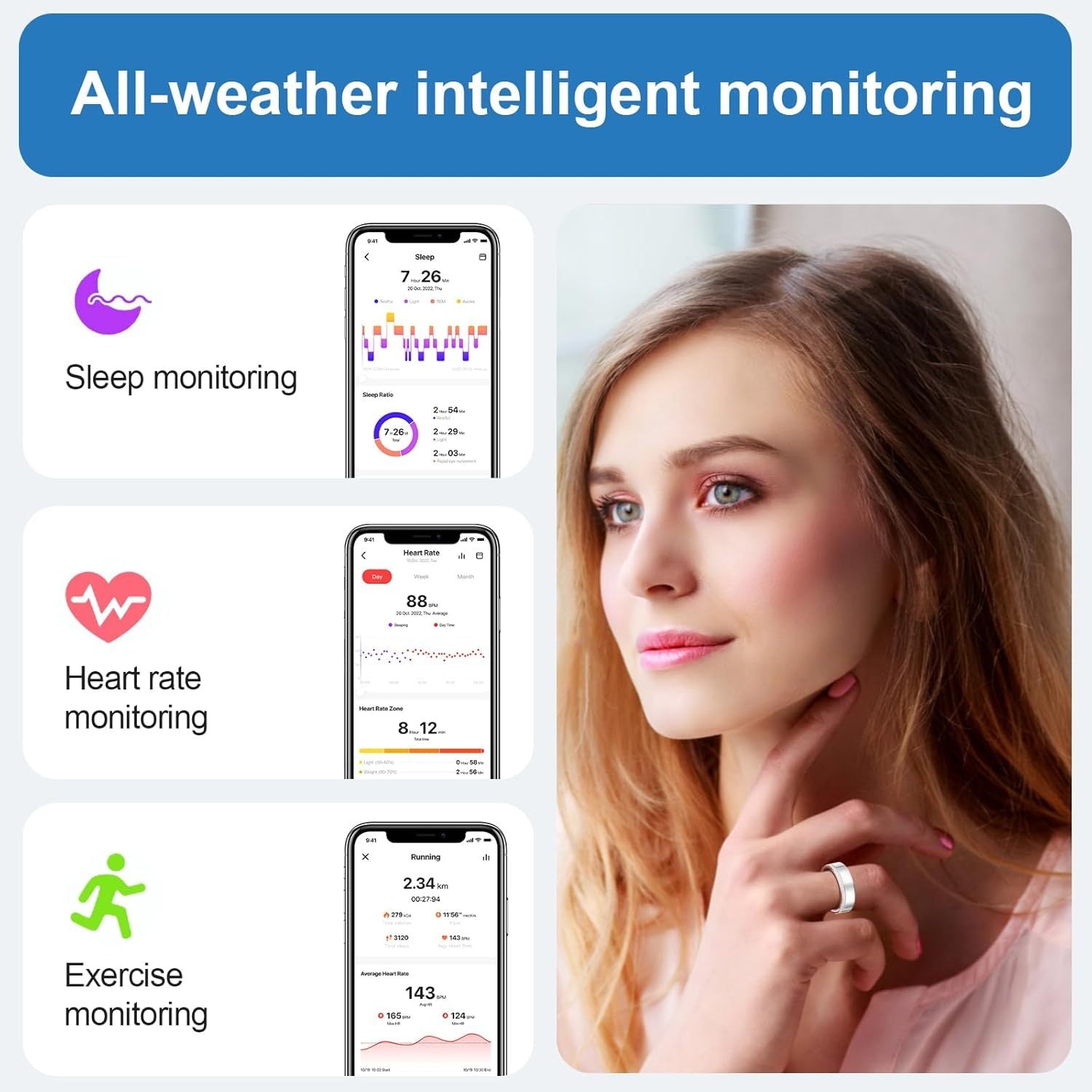HKM-464979 Elegant Diamond Smart Ring with Heart Rate, Sleep Tracker, Activity Monitor, IP68 Waterproof Design, Fast Charging