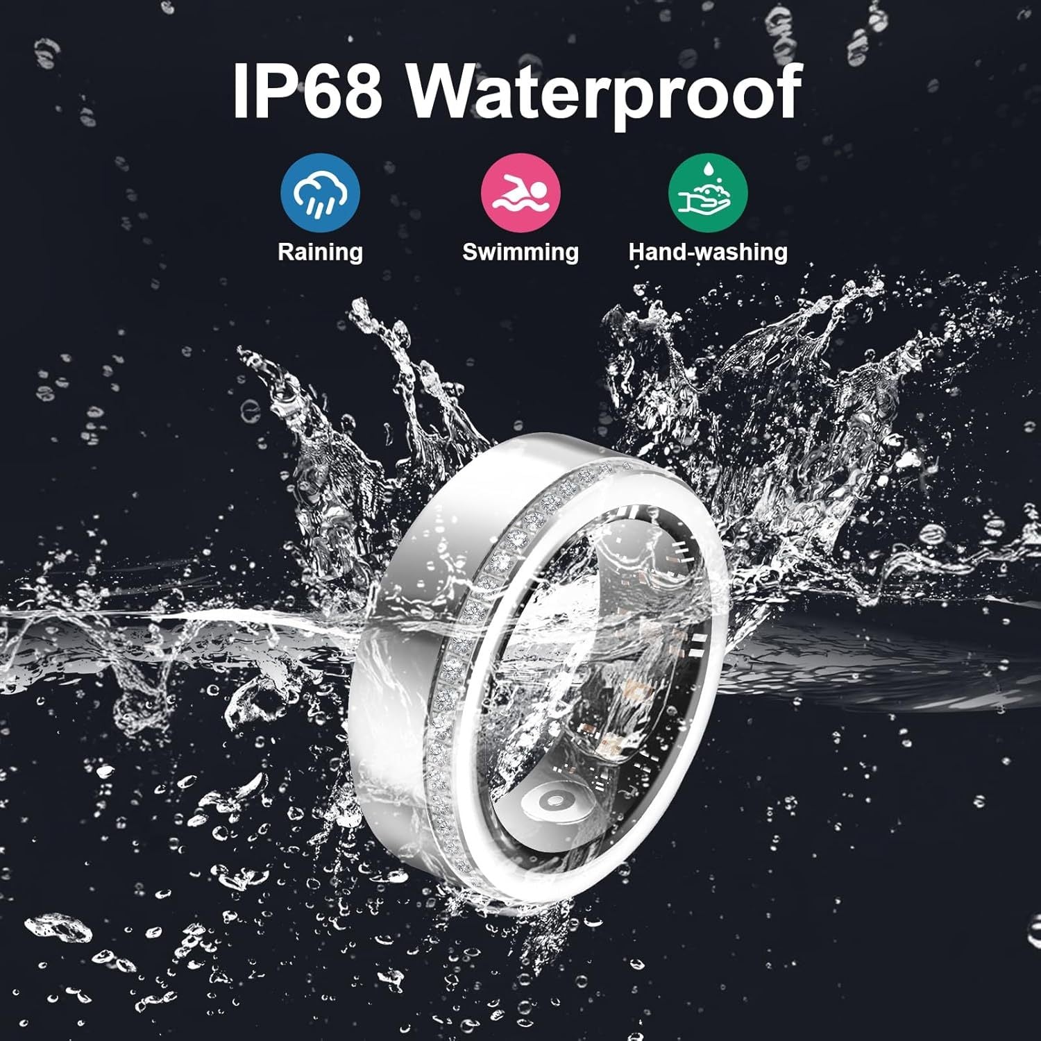 HKM-464979 Elegant Diamond Smart Ring with Heart Rate, Sleep Tracker, Activity Monitor, IP68 Waterproof Design, Fast Charging