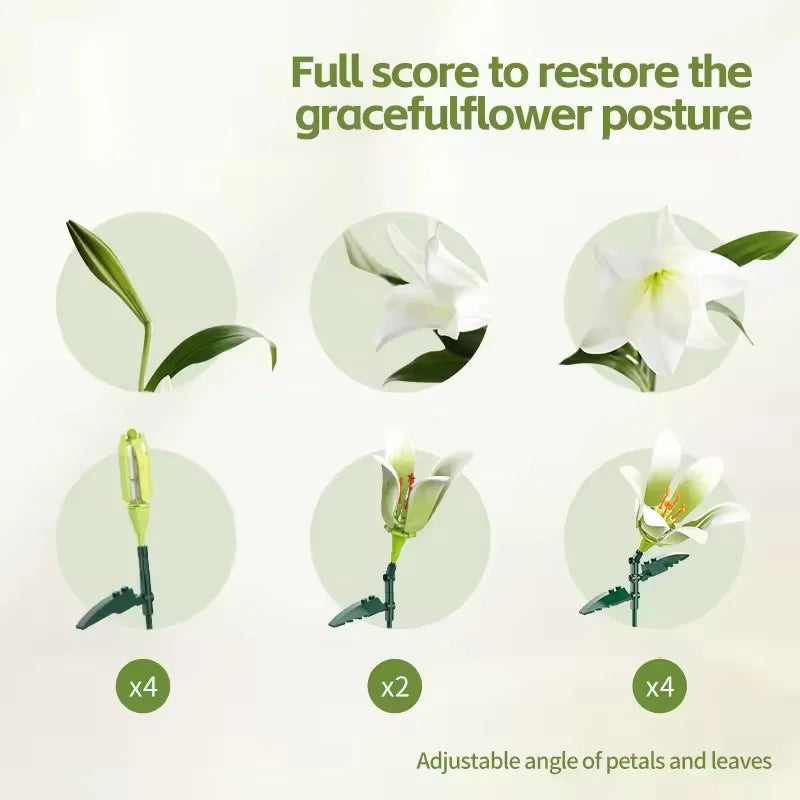 White Lily Flower Building Block Set - 50 Piece Construction Toy for Kids Ages 2 and Up