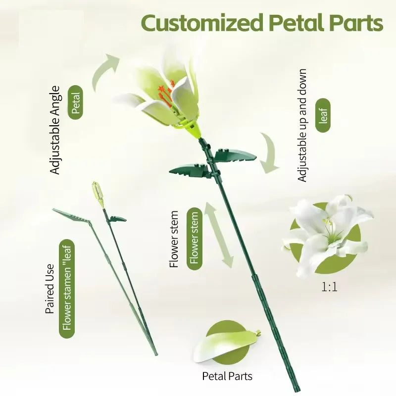 White Lily Flower Building Block Set - 50 Piece Construction Toy for Kids Ages 2 and Up