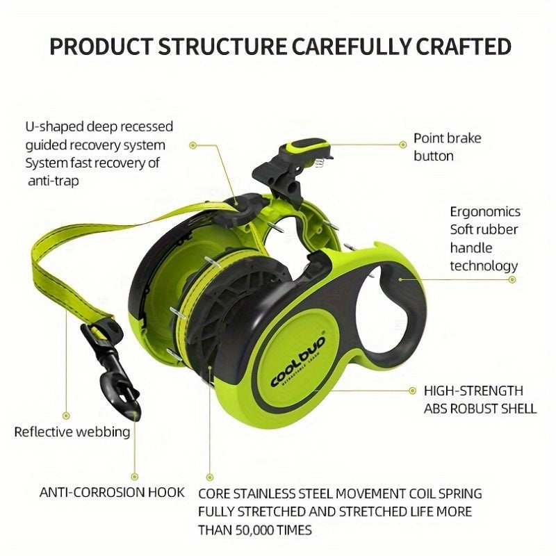 HKM-465299 Heavy-Duty Retractable Dog Leash for Large Dogs up to 49.9 KG, 4.88m High-Reflective Nylon, Anti-Slip Handle, One-Button Design, Green and Black
