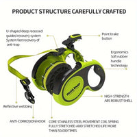 HKM-465299 Heavy-Duty Retractable Dog Leash for Large Dogs up to 49.9 KG, 4.88m High-Reflective Nylon, Anti-Slip Handle, One-Button Design, Green and Black