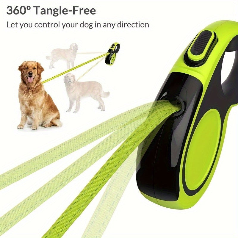 HKM-465299 Heavy-Duty Retractable Dog Leash for Large Dogs up to 49.9 KG, 4.88m High-Reflective Nylon, Anti-Slip Handle, One-Button Design, Green and Black