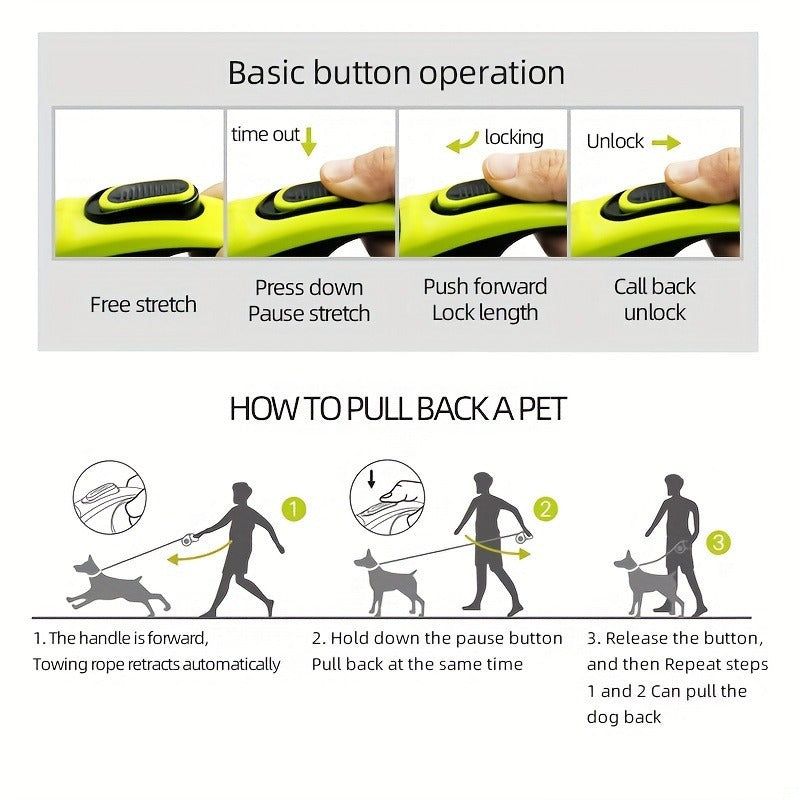 HKM-465299 Heavy-Duty Retractable Dog Leash for Large Dogs up to 49.9 KG, 4.88m High-Reflective Nylon, Anti-Slip Handle, One-Button Design, Green and Black