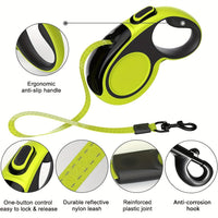 HKM-465299 Heavy-Duty Retractable Dog Leash for Large Dogs up to 49.9 KG, 4.88m High-Reflective Nylon, Anti-Slip Handle, One-Button Design, Green and Black