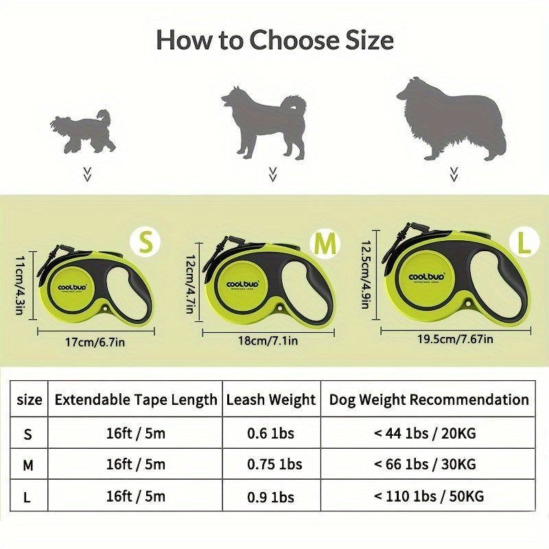 HKM-465299 Heavy-Duty Retractable Dog Leash for Large Dogs up to 49.9 KG, 4.88m High-Reflective Nylon, Anti-Slip Handle, One-Button Design, Green and Black