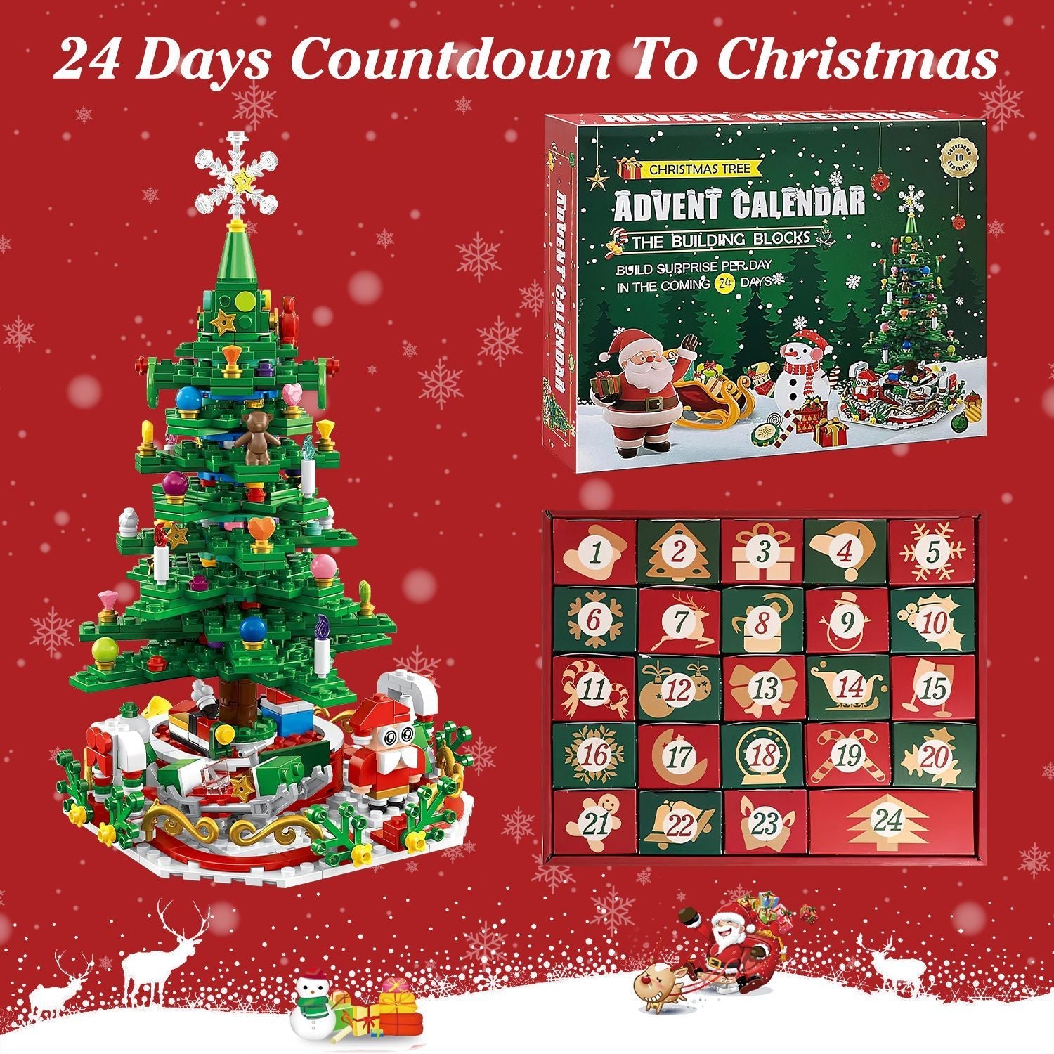 HKM-465747 LED Christmas Tree Building Set with 24-Day Countdown Calendar for Kids Ages 3-6