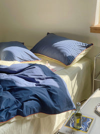 HKM-466771 Cream Double Combination Washed Cotton Bedding Set in Light and Dark Blue