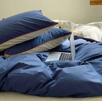 HKM-466771 Cream Double Combination Washed Cotton Bedding Set in Light and Dark Blue