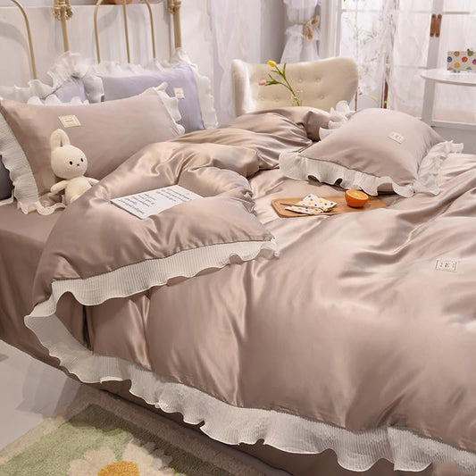 HKM-466771 Ice Silk Bed Sheet and Quilt Cover Set - 4-Piece Collection in Multiple Colors and Sizes