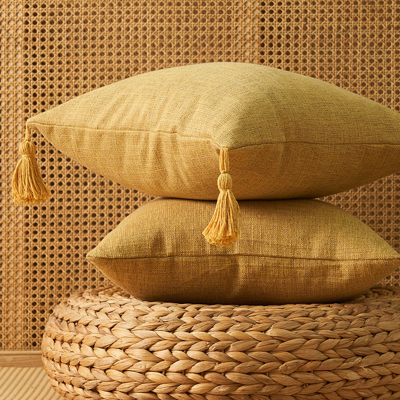 HKM-466899 Japanese Cotton and Linen Tassel Pillowcase - 45x45cm Square Cushion Cover in Various Colors
