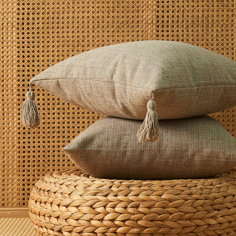 HKM-466899 Japanese Cotton and Linen Tassel Pillowcase - 45x45cm Square Cushion Cover in Various Colors