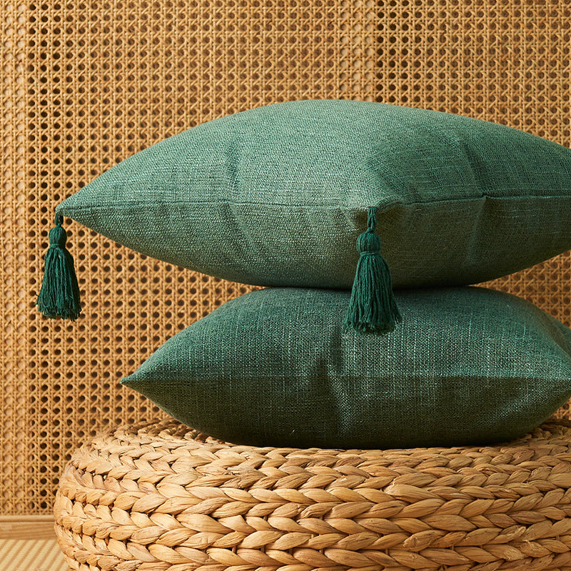 HKM-466899 Japanese Cotton and Linen Tassel Pillowcase - 45x45cm Square Cushion Cover in Various Colors