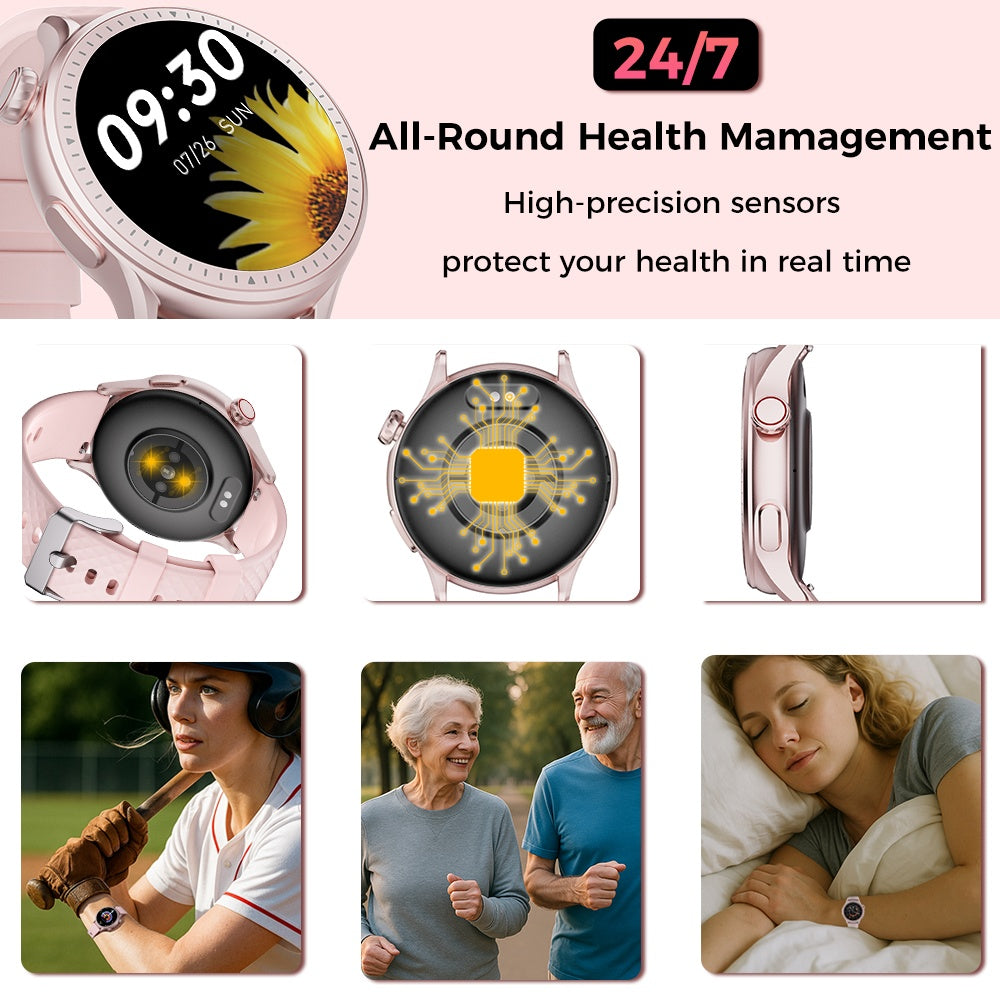 HKM-466963 1.43in Round Screen Smartwatch with Heart Rate Monitoring, Sleep Tracking, and 100 Sports Modes - 3ATM Waterproof Fitness Tracker
