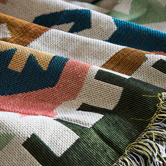 HKM-467155 Retro Knitted Sofa Blanket - Cozy Cotton Fabric with Geometric Design