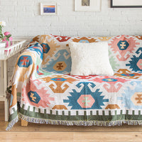 HKM-467155 Retro Knitted Sofa Blanket - Cozy Cotton Fabric with Geometric Design