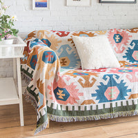 HKM-467155 Retro Knitted Sofa Blanket - Cozy Cotton Fabric with Geometric Design