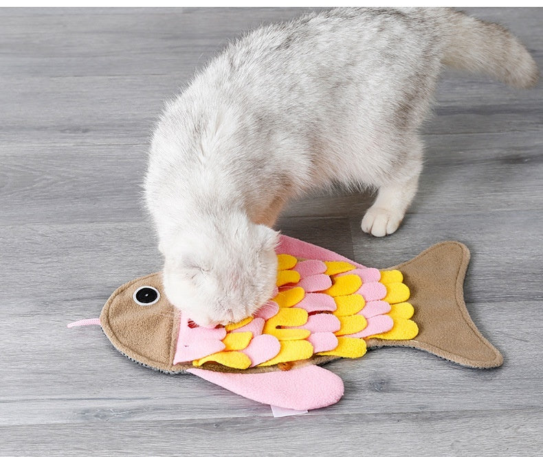 HKM-467475 Fish-Shaped Cat Training Toy Blanket - Soft Pink Polar Fleece Food Bowl Mat