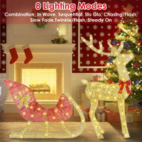 HKM-467731 Lighted Christmas Reindeer & Sleigh Decoration with 8 Lighting Modes for Indoor and Outdoor Use