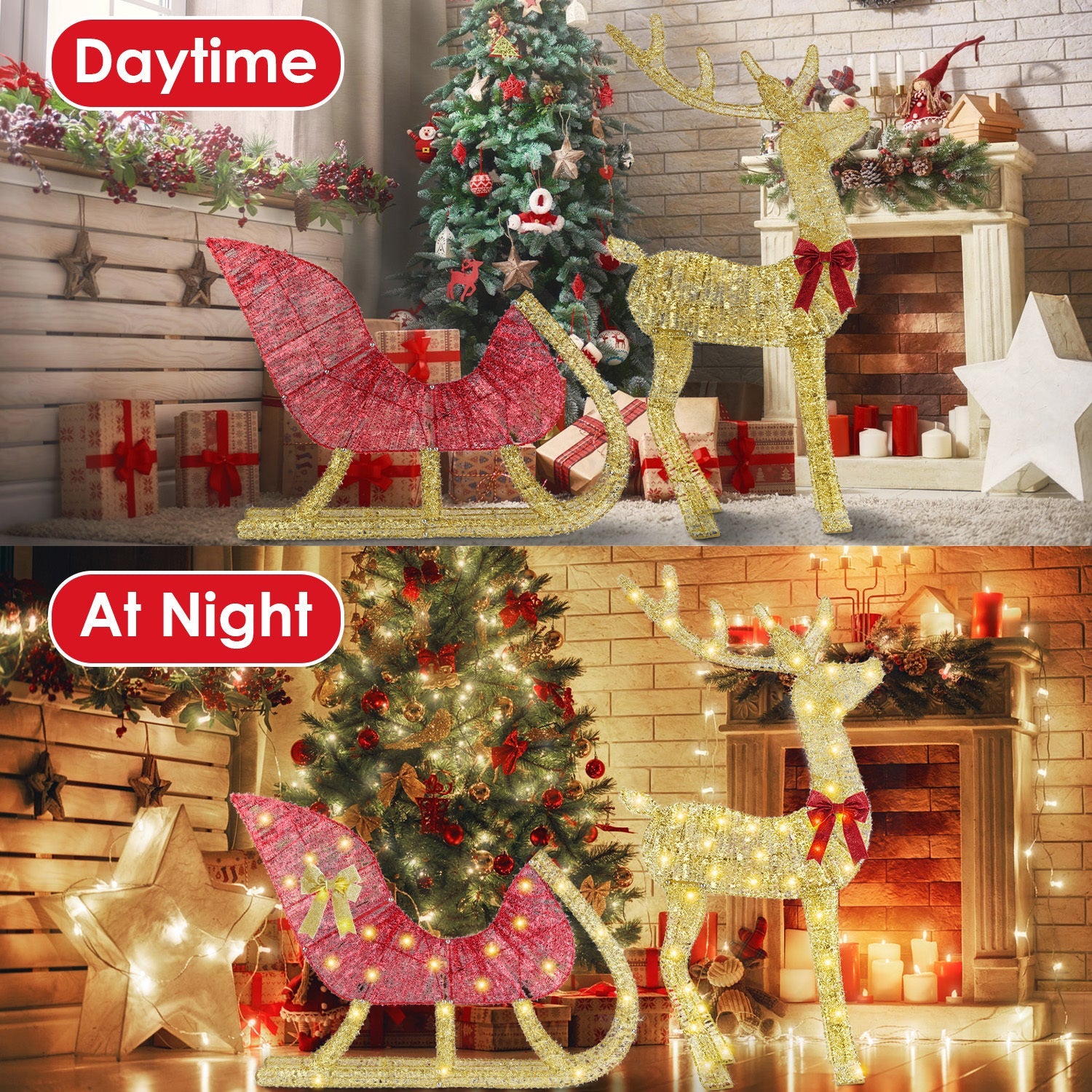 HKM-467731 Lighted Christmas Reindeer & Sleigh Decoration with 8 Lighting Modes for Indoor and Outdoor Use