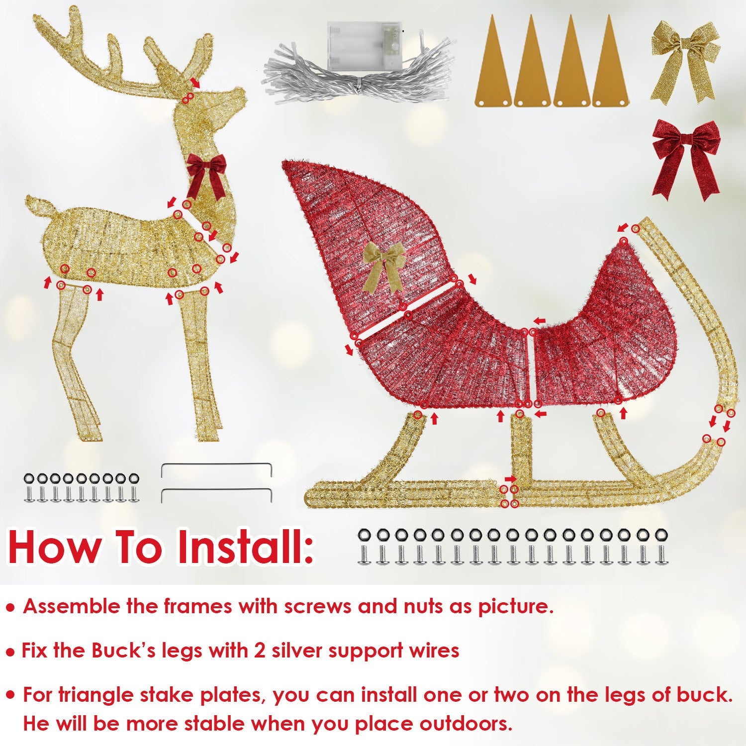 HKM-467731 Lighted Christmas Reindeer & Sleigh Decoration with 8 Lighting Modes for Indoor and Outdoor Use