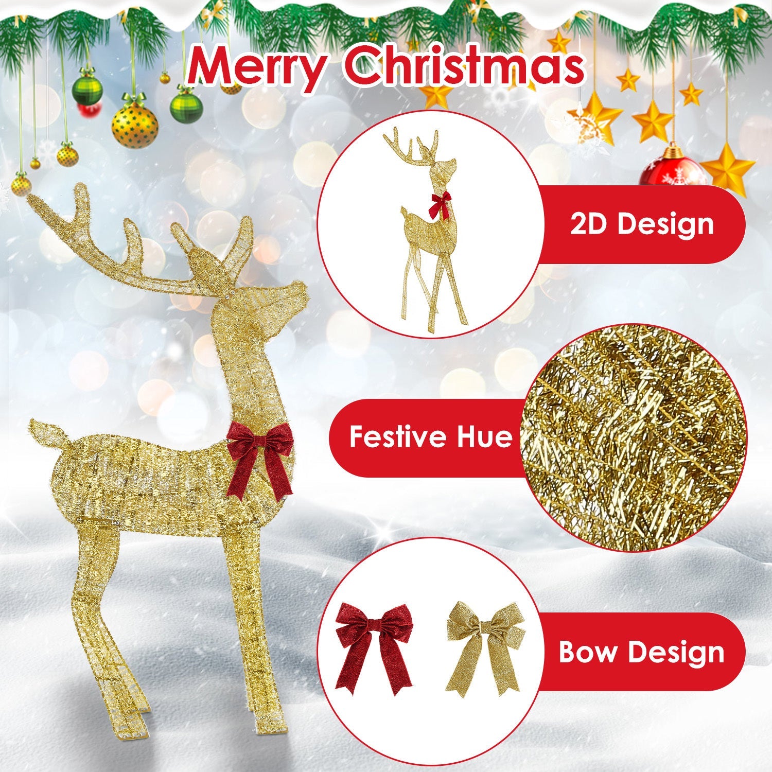 HKM-467731 Lighted Christmas Reindeer & Sleigh Decoration with 8 Lighting Modes for Indoor and Outdoor Use