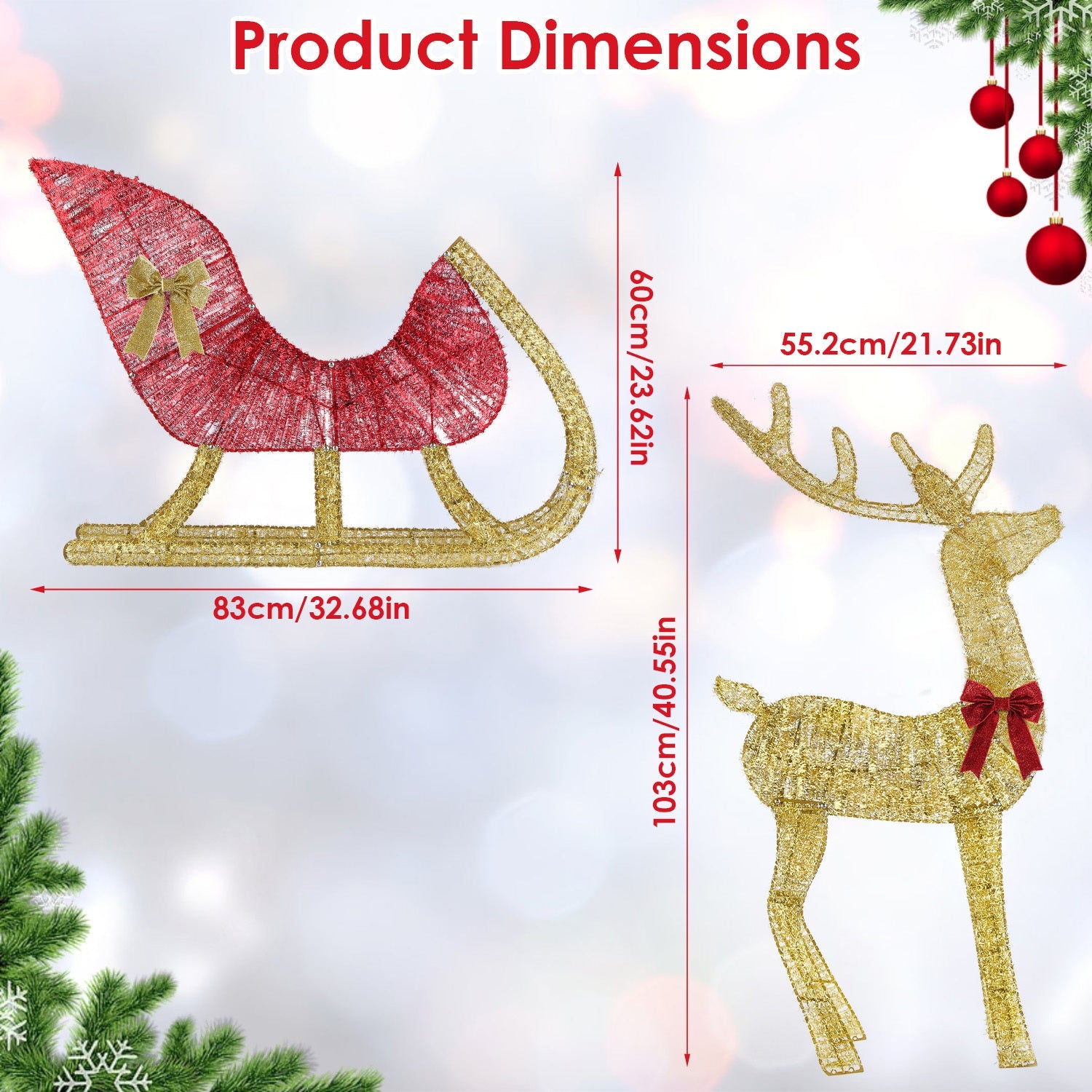 HKM-467731 Lighted Christmas Reindeer & Sleigh Decoration with 8 Lighting Modes for Indoor and Outdoor Use