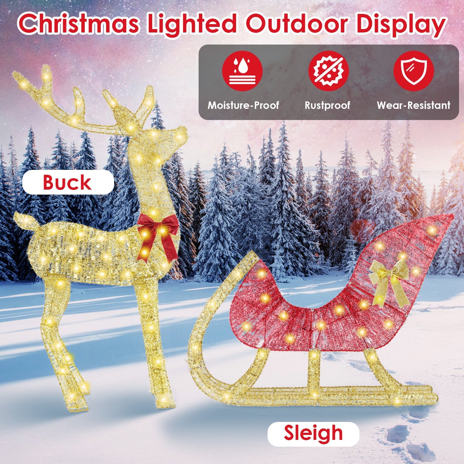HKM-467731 Lighted Christmas Reindeer & Sleigh Decoration with 8 Lighting Modes for Indoor and Outdoor Use