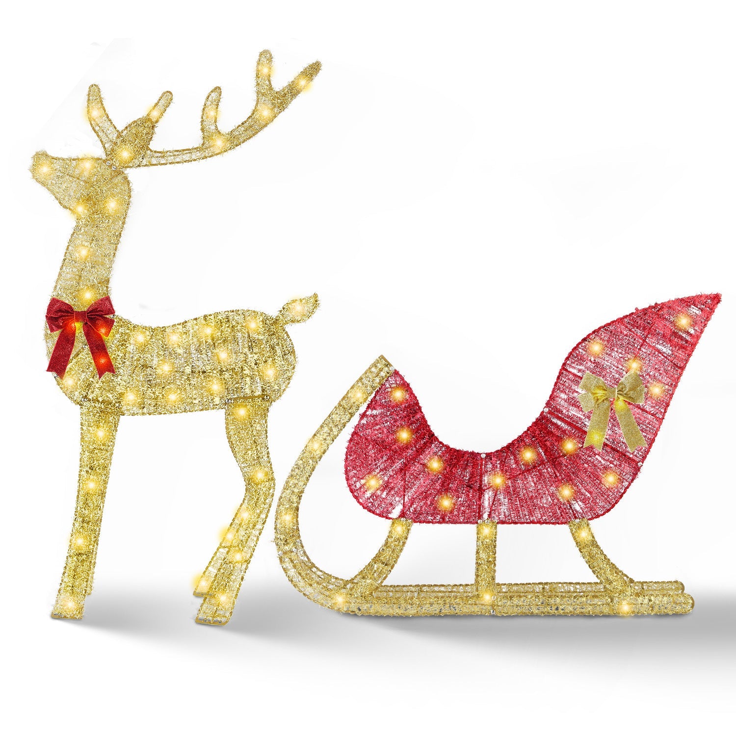 HKM-467731 Lighted Christmas Reindeer & Sleigh Decoration with 8 Lighting Modes for Indoor and Outdoor Use