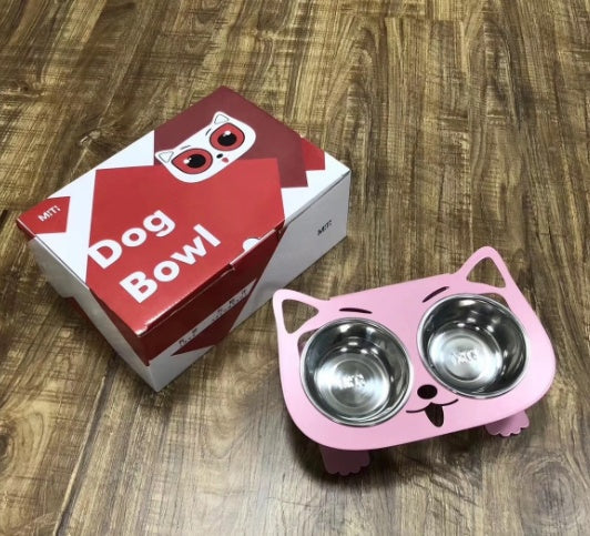 HKM-468115 Anti-Falling Stainless Steel Feeding Bowl for Cats and Dogs - Inclined Design in Black, White, Pink, or Blue