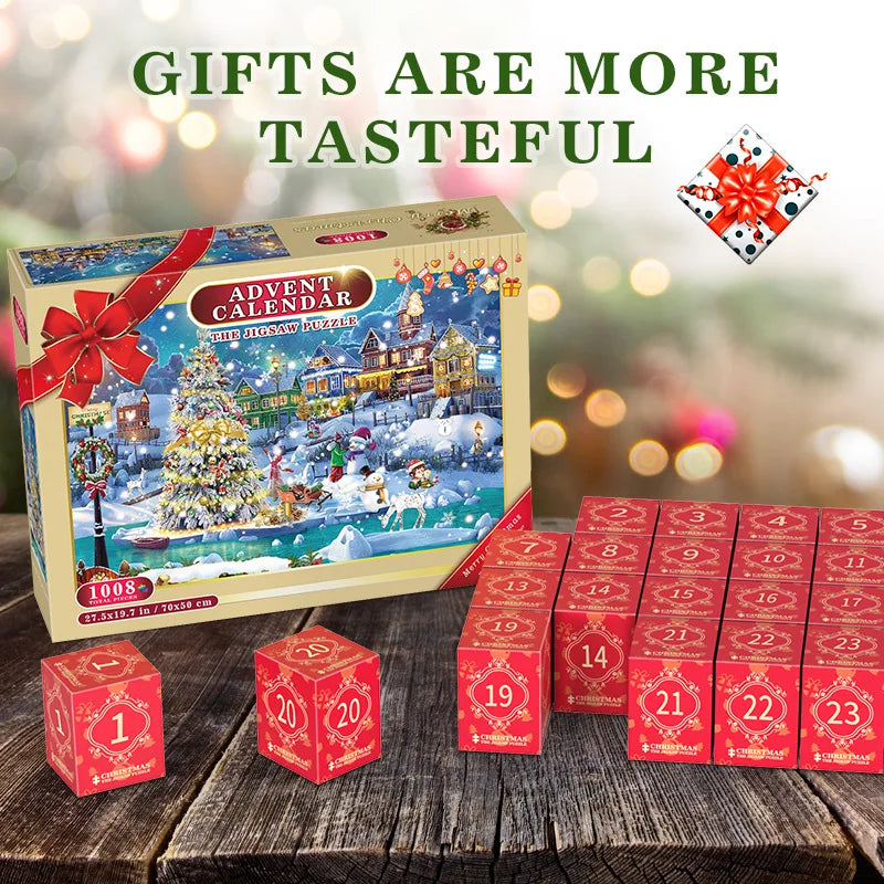 HKM-468179 Christmas Puzzle Advent Calendar Box - 1008 Pieces Educational Countdown Gift - Eco-Friendly Material, 24 Days Holiday Fun