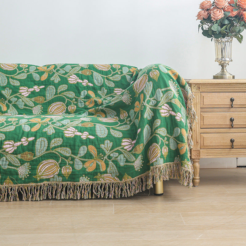 HKM-468435 Universal All-Season Sofa Cover in Green Floral Pattern, Modern Cotton Towel Blanket - 200cm x 230cm