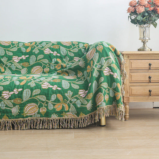 HKM-468435 Universal All-Season Sofa Cover in Green Floral Pattern, Modern Cotton Towel Blanket - 200cm x 230cm