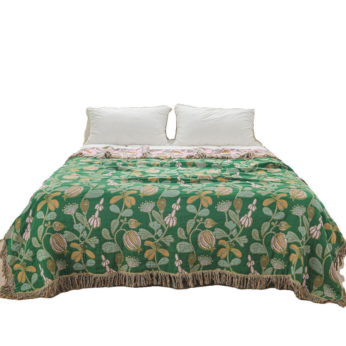 HKM-468435 Universal All-Season Sofa Cover in Green Floral Pattern, Modern Cotton Towel Blanket - 200cm x 230cm