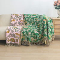 HKM-468435 Universal All-Season Sofa Cover in Green Floral Pattern, Modern Cotton Towel Blanket - 200cm x 230cm