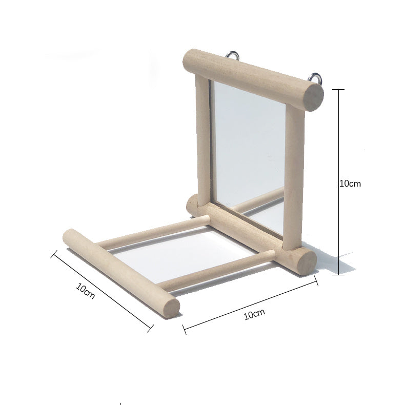 HKM-468691 Double-Sided Mirror Bird Stand for Parrots and Manna Pearls - Natural Solid Wood