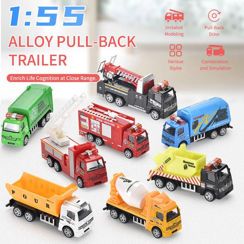 HKM-469011 1:55 Scale Pull Back Diecast Toy Truck Collection - Metal Firetruck & Tractor Model for Kids