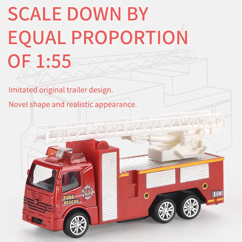 HKM-469011 1:55 Scale Pull Back Diecast Toy Truck Collection - Metal Firetruck & Tractor Model for Kids
