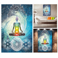 HKM-469459 7 Chakra Buddha Wall Tapestry - India Blue Tone Polyester Bed Cover for Indoor and Outdoor Use