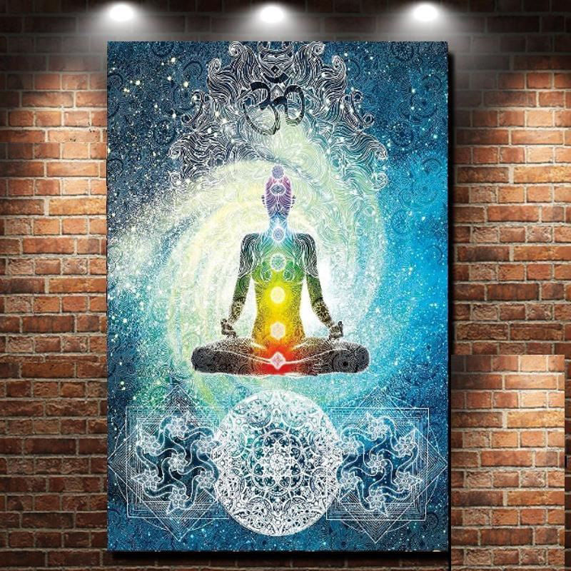 HKM-469459 7 Chakra Buddha Wall Tapestry - India Blue Tone Polyester Bed Cover for Indoor and Outdoor Use
