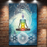 HKM-469459 7 Chakra Buddha Wall Tapestry - India Blue Tone Polyester Bed Cover for Indoor and Outdoor Use