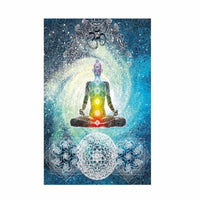 HKM-469459 7 Chakra Buddha Wall Tapestry - India Blue Tone Polyester Bed Cover for Indoor and Outdoor Use