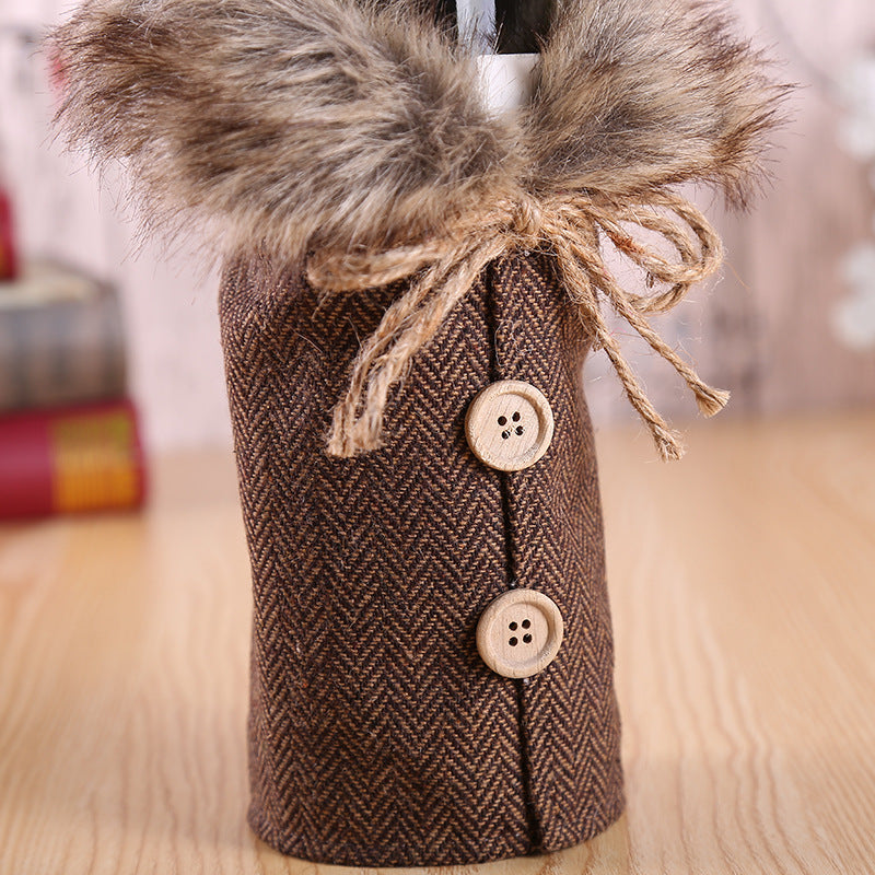 HKM-469523 Christmas Wine Bottle Decoration Set with Santa Claus Design in Red and Champagne Colors
