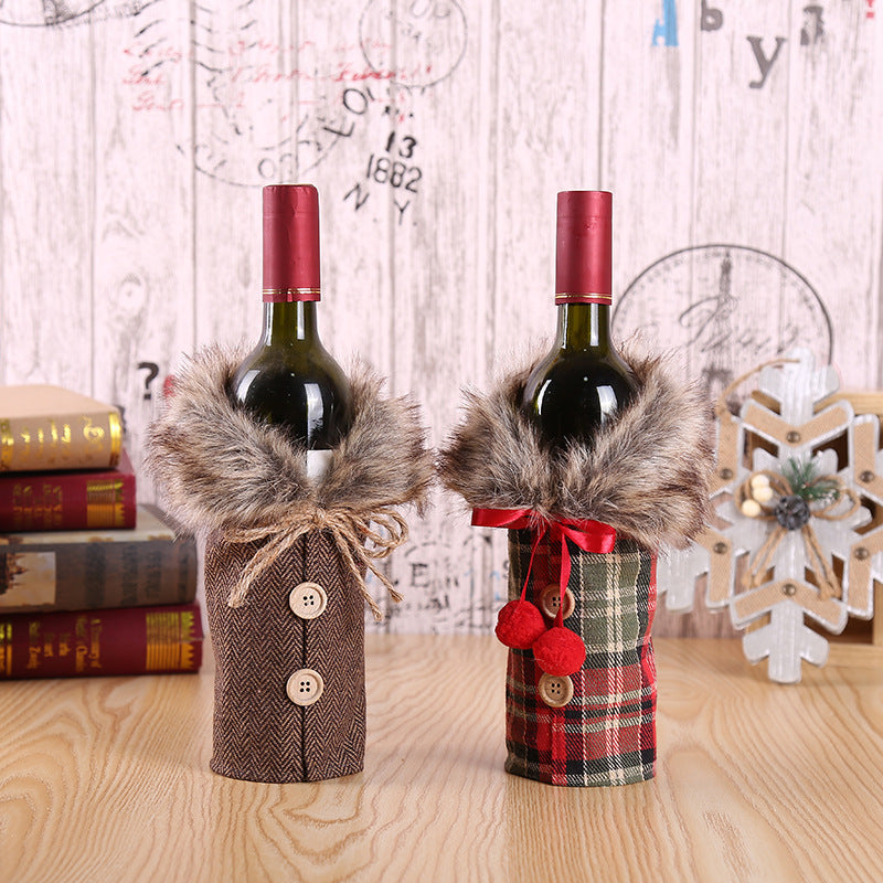 HKM-469523 Christmas Wine Bottle Decoration Set with Santa Claus Design in Red and Champagne Colors