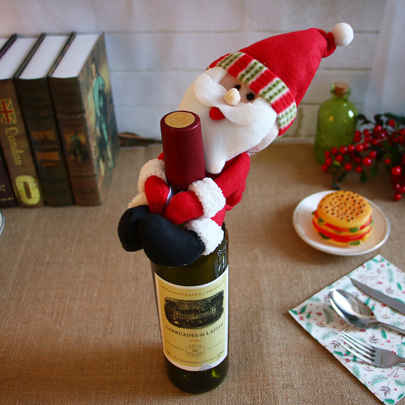 HKM-469523 Christmas Wine Bottle Decoration Set with Santa Claus Design in Red and Champagne Colors