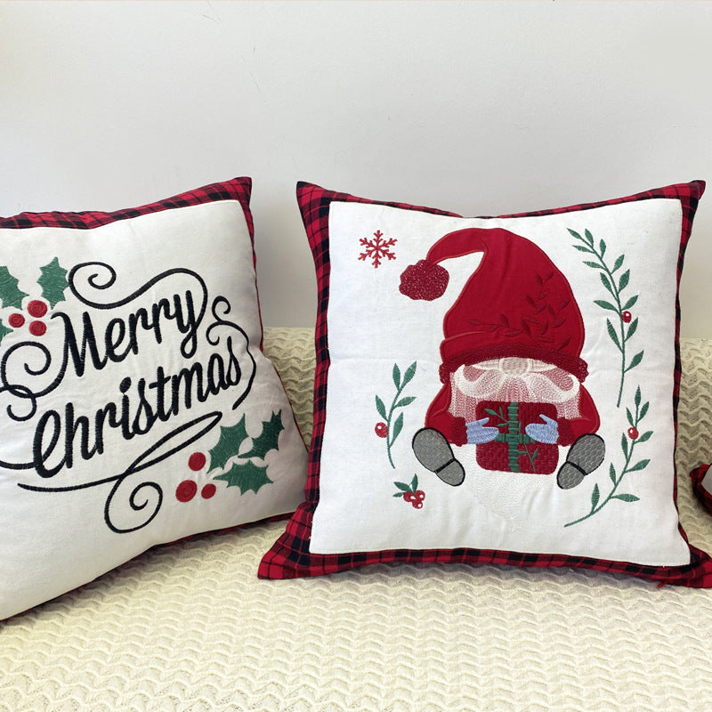 HKM-469715 Christmas Embroidery Pillow Cover featuring Santa Claus and Deer - 45x45cm Polyester Fiber Cushion