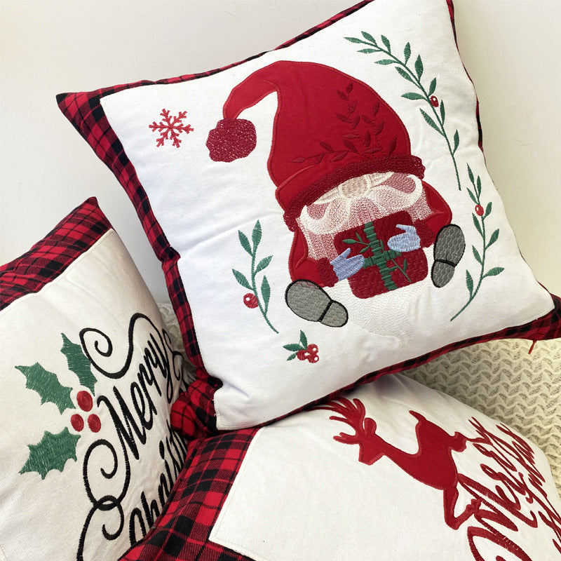 HKM-469715 Christmas Embroidery Pillow Cover featuring Santa Claus and Deer - 45x45cm Polyester Fiber Cushion